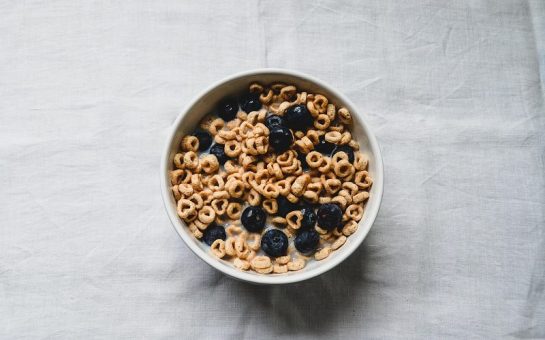 A bowl of cereal on a white background.