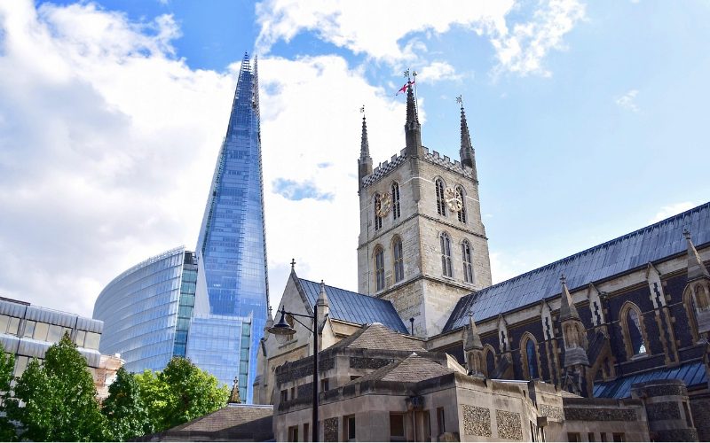 Borough Market photographed in daytime with The Shard in the backdrop.