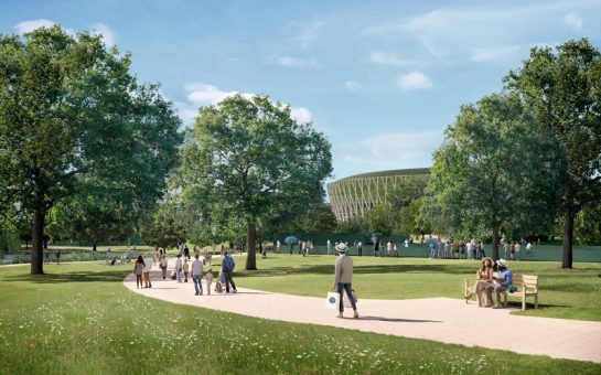 Artist impression of the Parkland Show Court, 8,000 tennis seater stadium as part of the AELTC's Wimbledon Park Project.