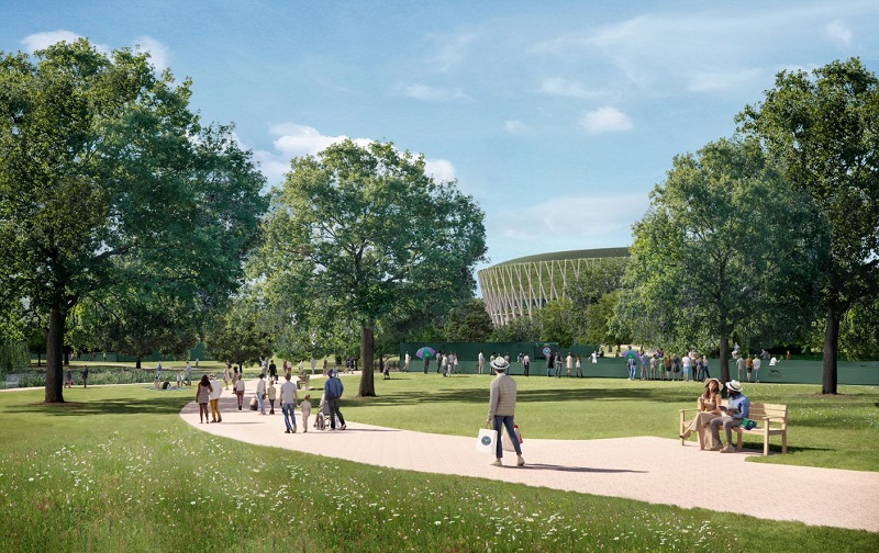 Artist impression of the Parkland Show Court, 8,000 tennis seater stadium as part of the AELTC's Wimbledon Park Project.
