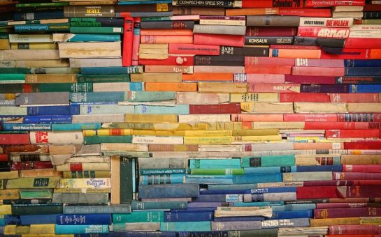 A photo of lots of books organised in a rainbow.