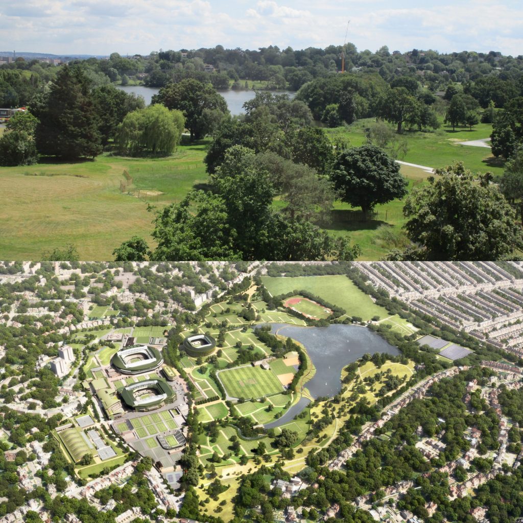 Aerial view of the park as it currently is, next to an artist's aerial impression of what the grounds will look like showing the new courts and stadium, next to the lake.