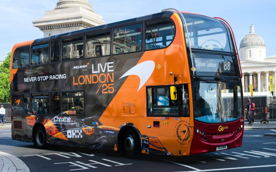 Bus with McLaren Live event branding on it