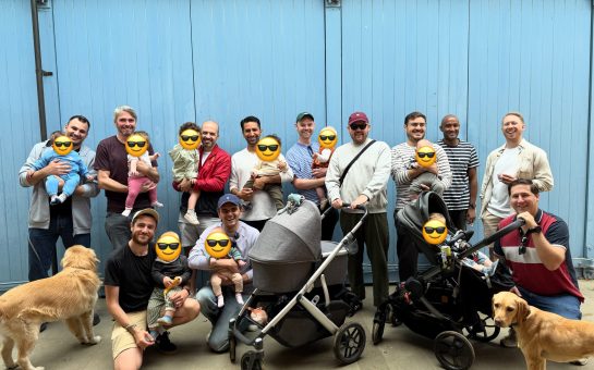 A group of fathers, their children, and two dogs after the launch of Twickenham Dads Club