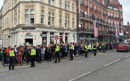 The police keep Trump supporters and protestors off the roads in Windsor at President Trump's second UK state visit