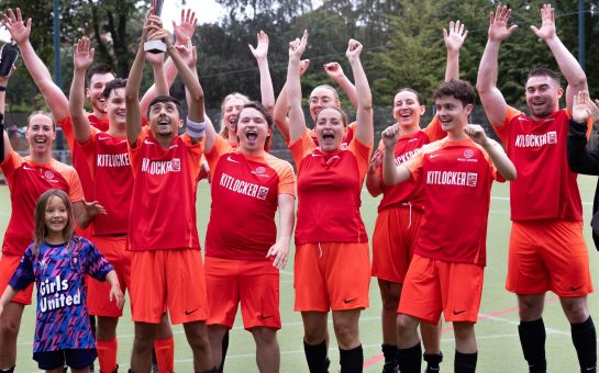The winning team celebrate at least year's 'Make Football Accessible' charity match.