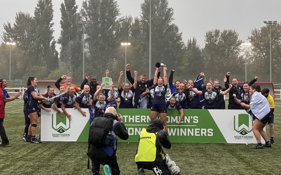 This is a photo of the Featherstone Rovers lifting the Women's Northern Championship trophy (Rugby League)