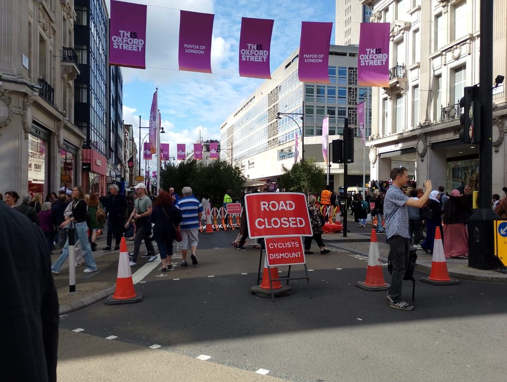 A barricade closes Oxford Road to traffic and bicycles for the This is Oxford Street event.