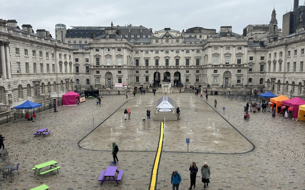 A view of the courtyard of Somerset House from a balcony. Tai Shani's ‘The Spell or The Dream’ is visible in the foreground.