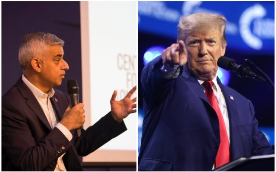 Composite image of Sadiq Khan (on left) speaking at a conference and Donald Trump (on the right) pointing out on stage.