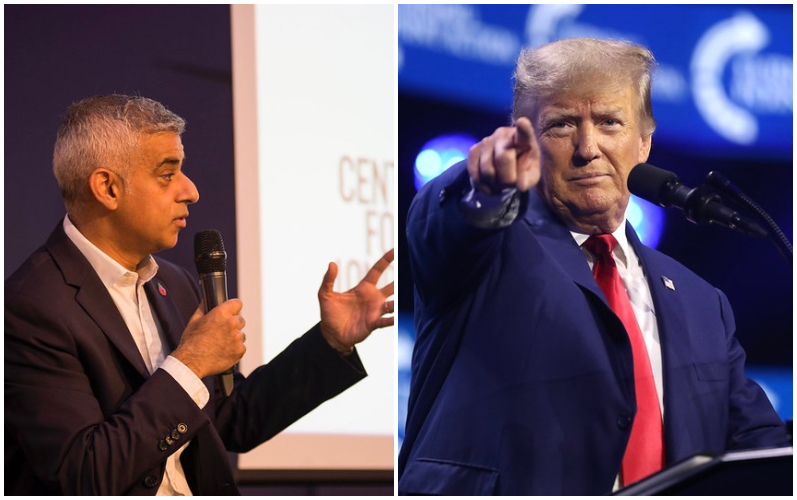 Composite image of Sadiq Khan (on left) speaking at a conference and Donald Trump (on the right) pointing out on stage.