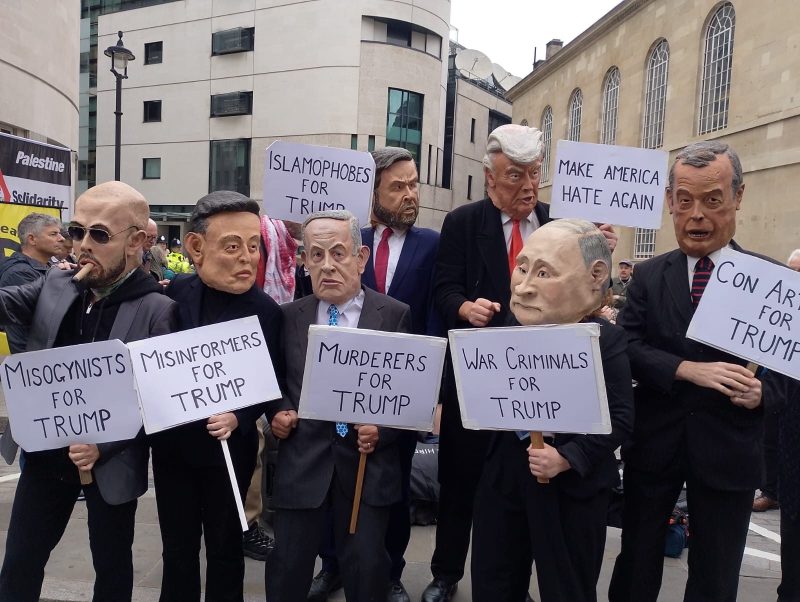 Protesters dressed up as right-wing political figures, at the anti-Trump rally in London, September 2025, Masks by Bim Mason, Courtesy and ©, Ajay Smith at the SW Londoner.