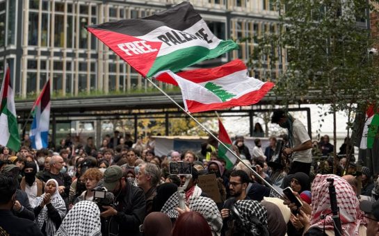Students gather for a Palestine protest at a London university