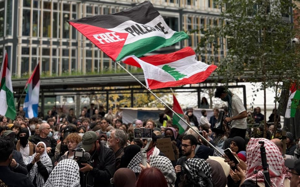 Students gather for a Palestine protest at a London university