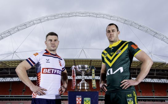 England v Australia rugby Ashes - George Williams and Isaah Yeo stand in Wembley with Ashes trophy