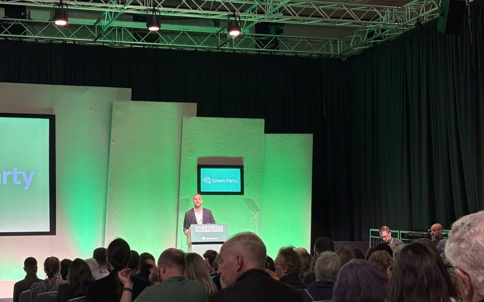 Green Party leader Zack Polanski giving a party conference speech