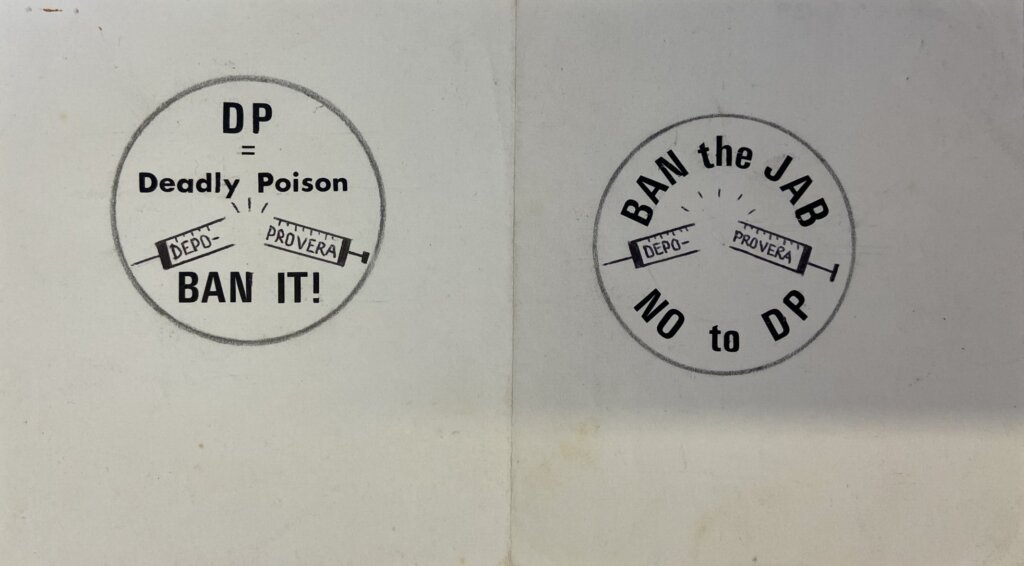 A photo of the "Ban the Jab" campaign logo, with a drawing of a syringe snapped in half.