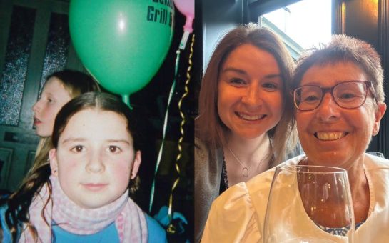 Two images side by side. One of Lucy aged 11 and one of Lucy aged 31 with her mum. In the younger image on the left Lucy is wearing a pink scarf, has her brown hair in low bunchies and is holding a green birthday balloon. On the right Lucy has a much bigger smile, just like her mum, as they pose for a selfie.