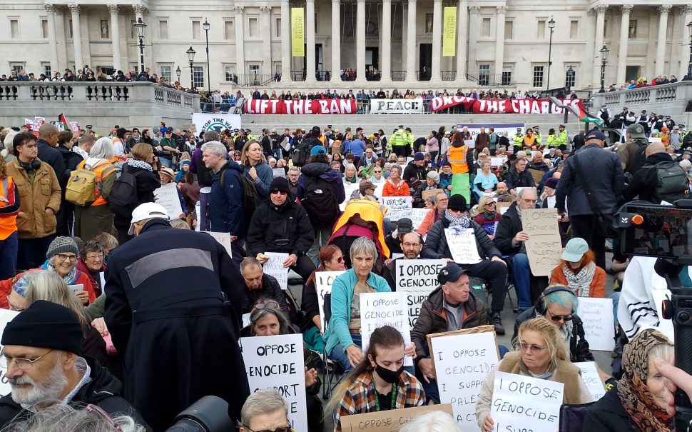 Peaceful protestors sitting in Trafalgar Square to demonstrate against the proscription of Palestine Action.
