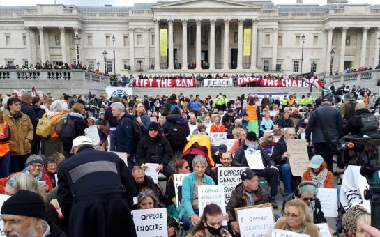 Peaceful protestors sitting in Trafalgar Square to demonstrate against the proscription of Palestine Action.