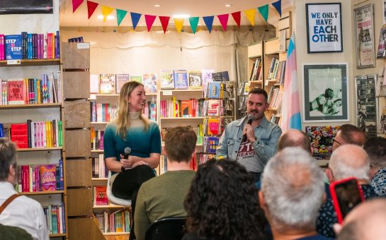 Performer Venus Duffy in Q&A with author Nick Coveney at bookshop Gay's the Word.