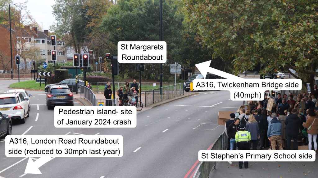Diagram of St Margarets roundabout speed limits and pedestrian island, Twickenham