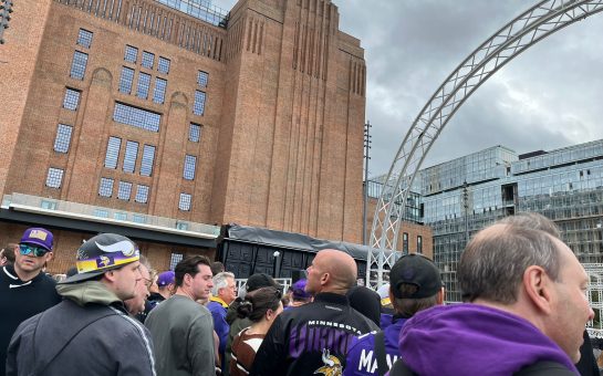 Minnesota Vikings fans in front of Battersea Power Station
