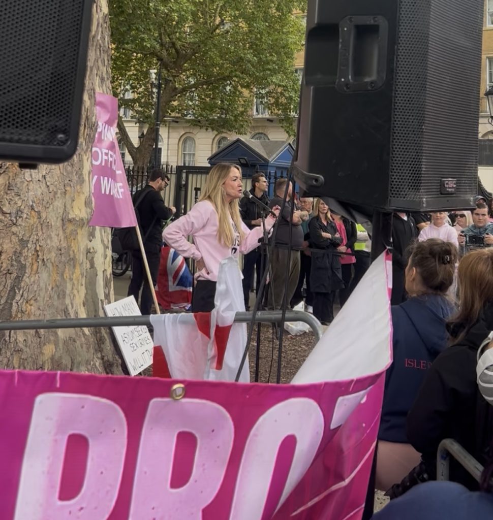 Pink Lady protest organiser Orla Minihane giving a speech at the 'Pink Protest' in Westminster. 