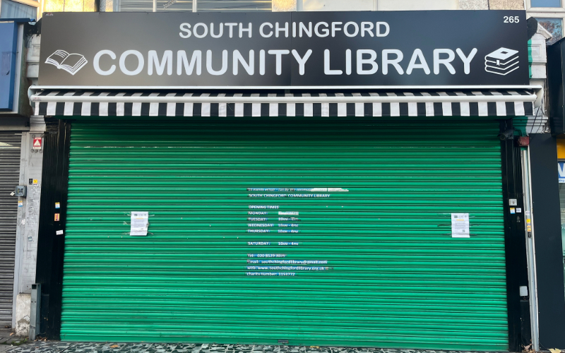 South Chingford Community Library with green shutters down