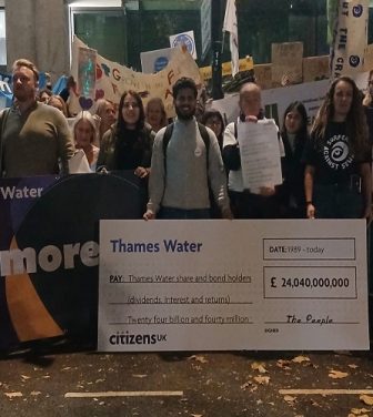 Protesters from London Citizens gathered outside DEFRA to protest against Thames Water. Photo Taken by Jonny Singh