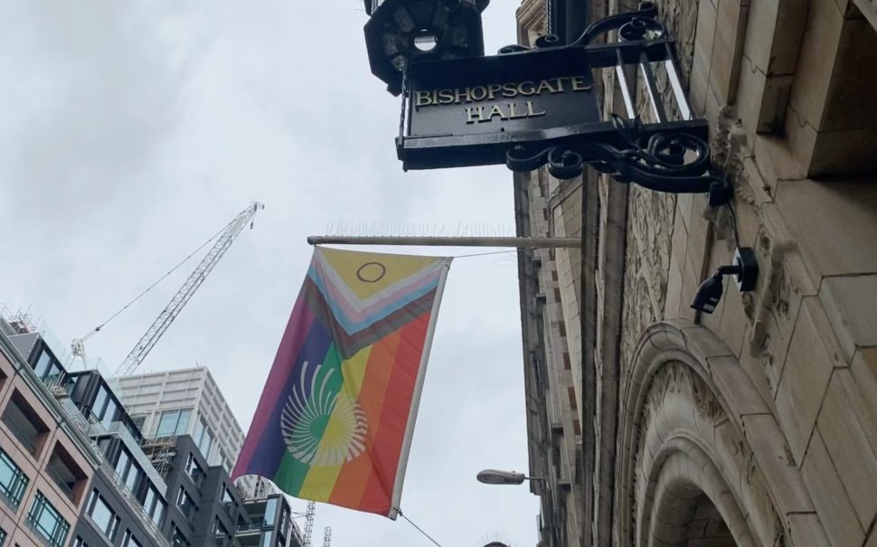 Pride flag hanging from Bishopsgate Institute in London