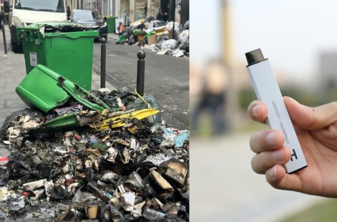 A picture of a vape next to a picture of a bin that has been put out after a fire