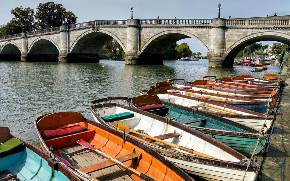Small boats moored in front of Richmond Bridge