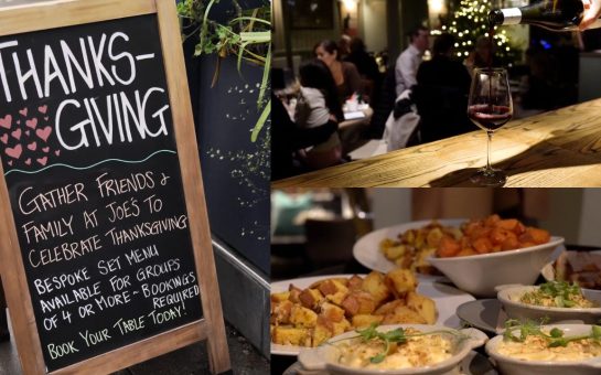 Images of Thanksgiving including food, wine and a sign advertising dinner at a restaurant.