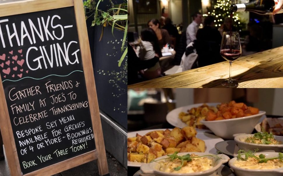 Images of Thanksgiving including food, wine and a sign advertising dinner at a restaurant.