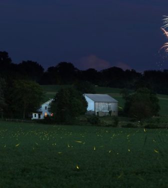 Fireworks going off over a field and farm