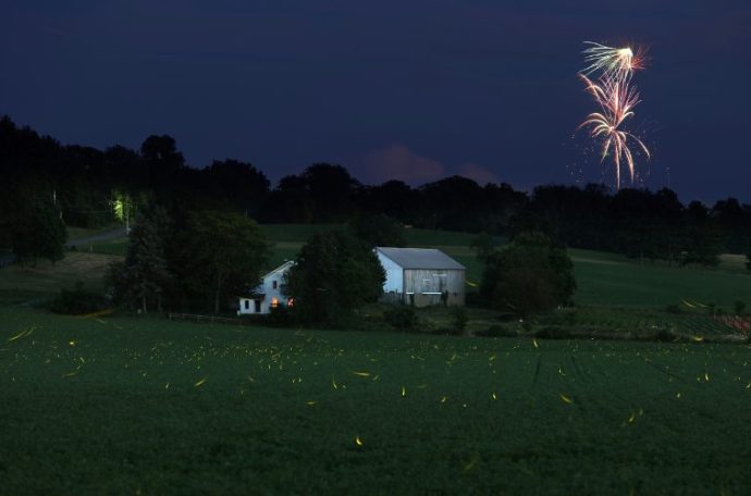 Fireworks going off over a field and farm