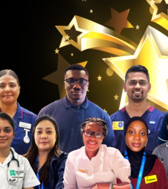 Nurses who won the rising star award this year on a black background with gold stars