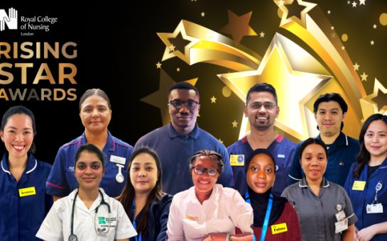 Nurses who won the rising star award this year on a black background with gold stars