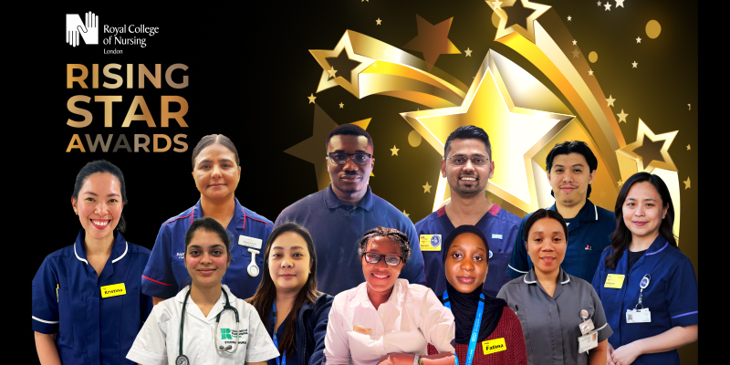 Nurses who won the rising star award this year on a black background with gold stars