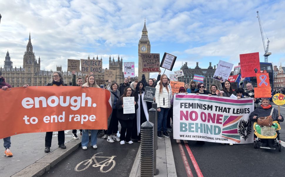 Protesters outside Houses of Parliament on Westminster Bridge