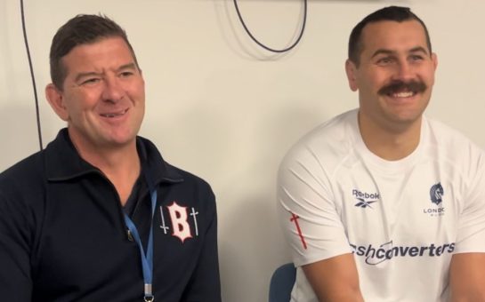 London Broncos head coach Jason Demetriou and prop Reagan Campbell-Gillard are all smiles at their post-match conference.