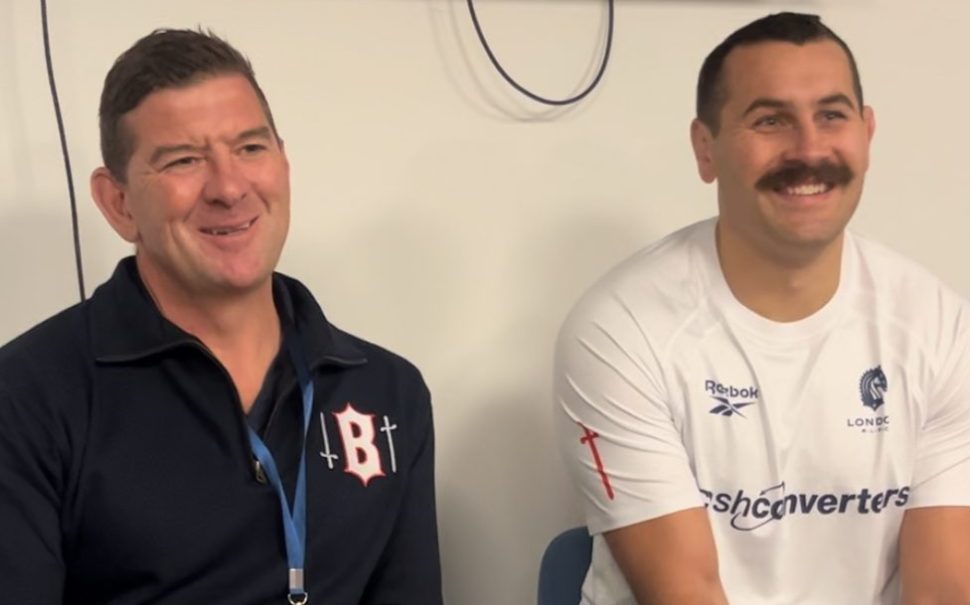 London Broncos head coach Jason Demetriou and prop Reagan Campbell-Gillard are all smiles at their post-match conference.