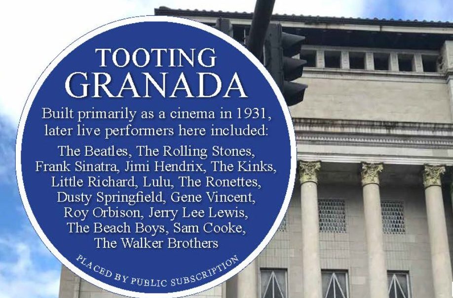 Close up of the Tooting Granada Blue Plaque in front of the Tooting Granada