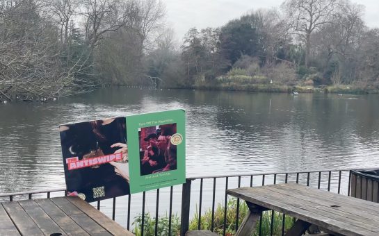 A photo of the pond in Battersea Park overlooked by the Pear Tree Cafe with some of their wooden benches and the Antiswipe sign