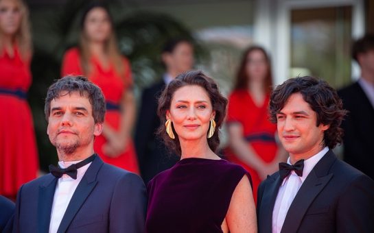 Brazilian actors, Wagner Moura, Maria Fernanda Candido and Gabriel Leone at 2025 Cannes Red Carpet for film, O Agente Secreto.
