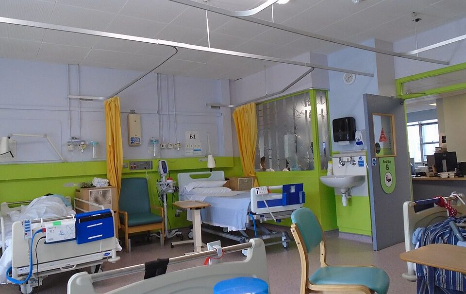 This is a picture of a ward with empty beds in Northwick Park Hospital, Greater London.