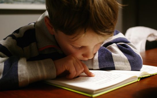 Young child reading a book with his finger on the page.