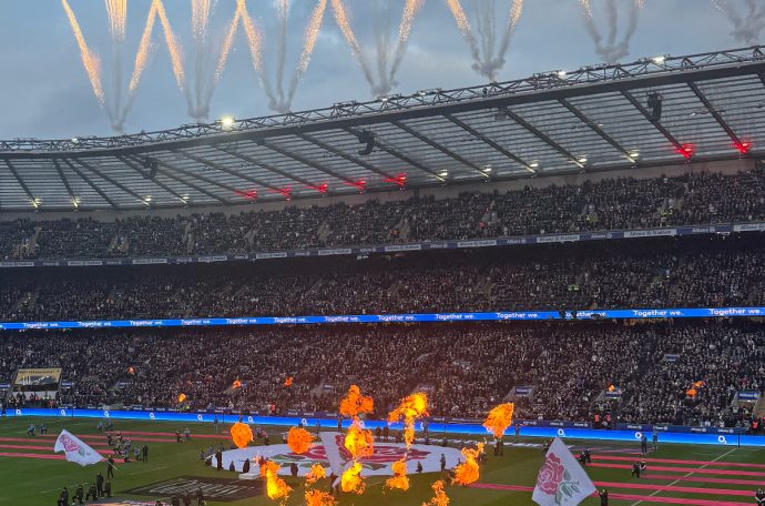 This is a photo of a fireworks display before before the start of a rugby match at Allianz Twickenham