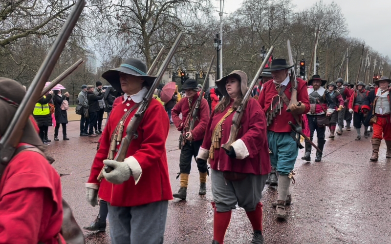 Members of the English Civil War Society march down The Mall to Horseguards Parade where King Charles I was executed to commemorate his death